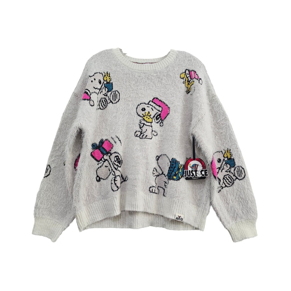 Justice Peanuts Snoopy Sweater Girls XL 16/18 White Eyelash Knit Holiday Festive